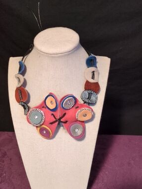 Artisan Handmade Coral Geometric Genuine Shearling Statement Choker Necklace